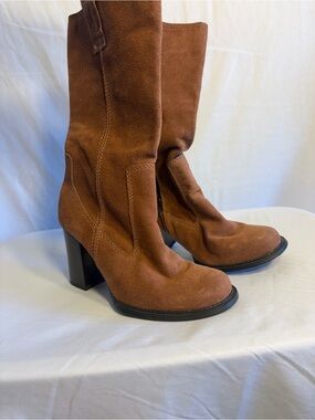 Karma Chestnut Suede Mid-Calf Heeled Boots